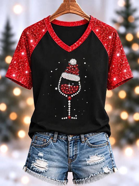 Women's Red Wine Glass Christmas Hat Print Casual V-Neck Tee