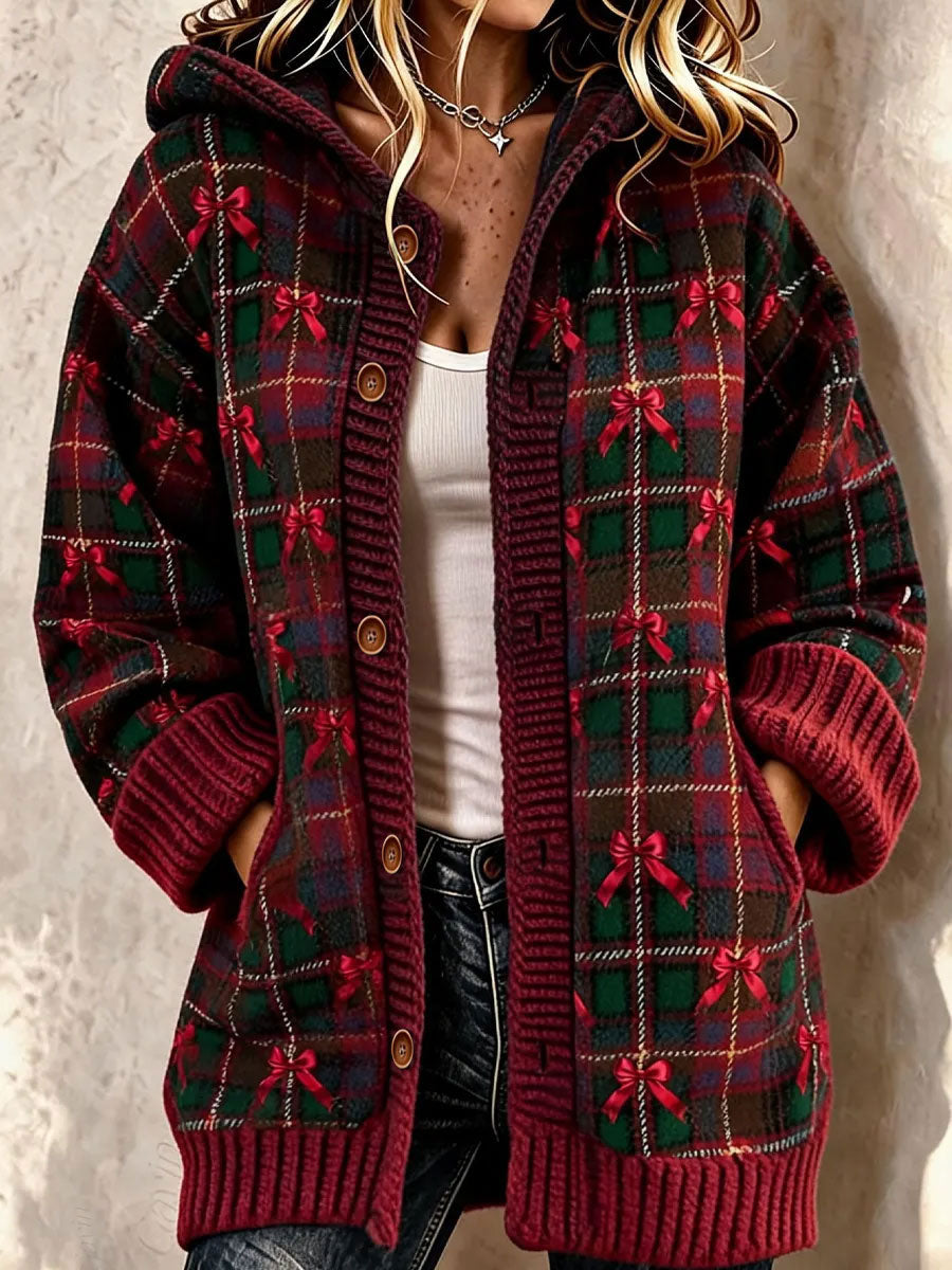 Women's Christmas Checkered Pattern Composite Fleece Long Coat
