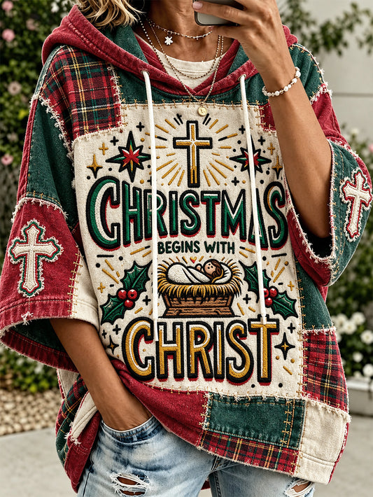 Women's Christmas Color Block Patchwork Design Jesus Is The Reason For The Season Pattern Casual Hoodie