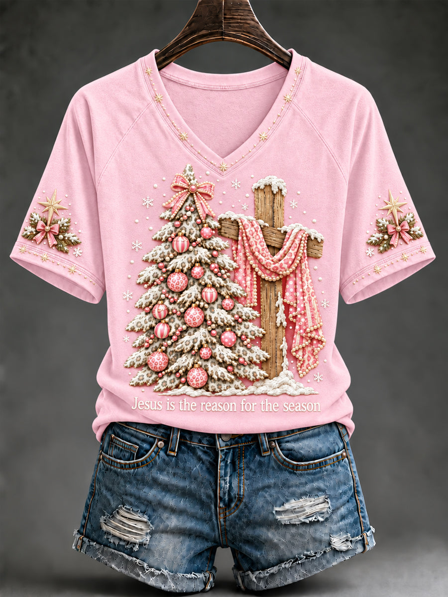 Women's Christian Christmas Jesus Is The Reason For The Season Cross V-neck Short Sleeve T-shirt