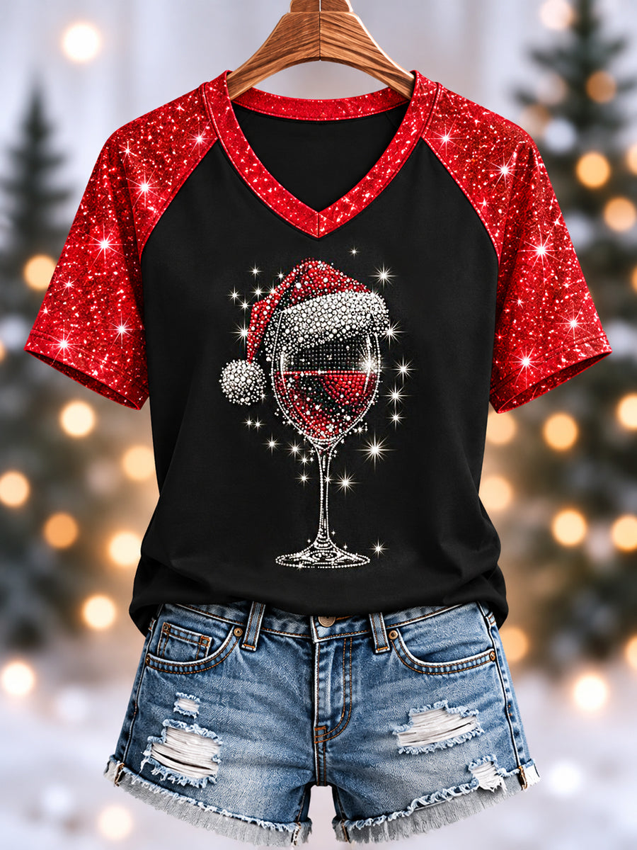 Women's Red Wine Glass Christmas Hat Print Casual V-Neck Tee