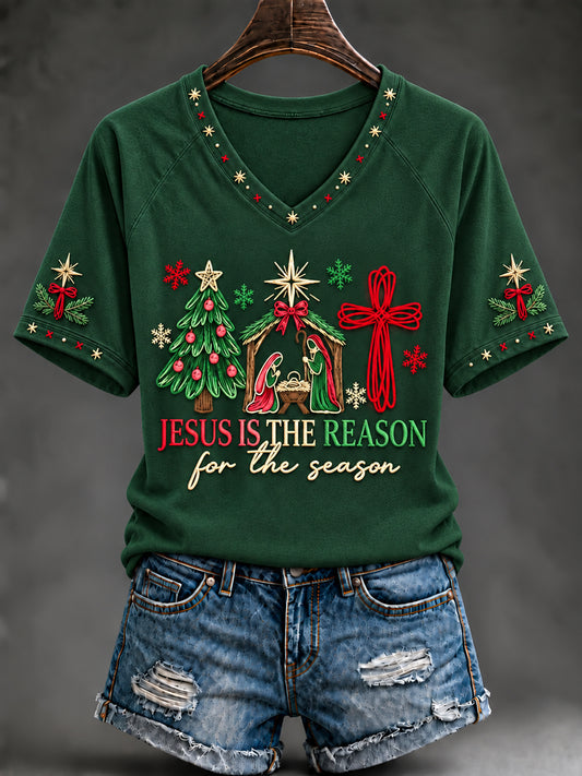 Women's Christian Christmas Jesus Is The Reason For The Season Cross V-neck Short Sleeve T-shirt
