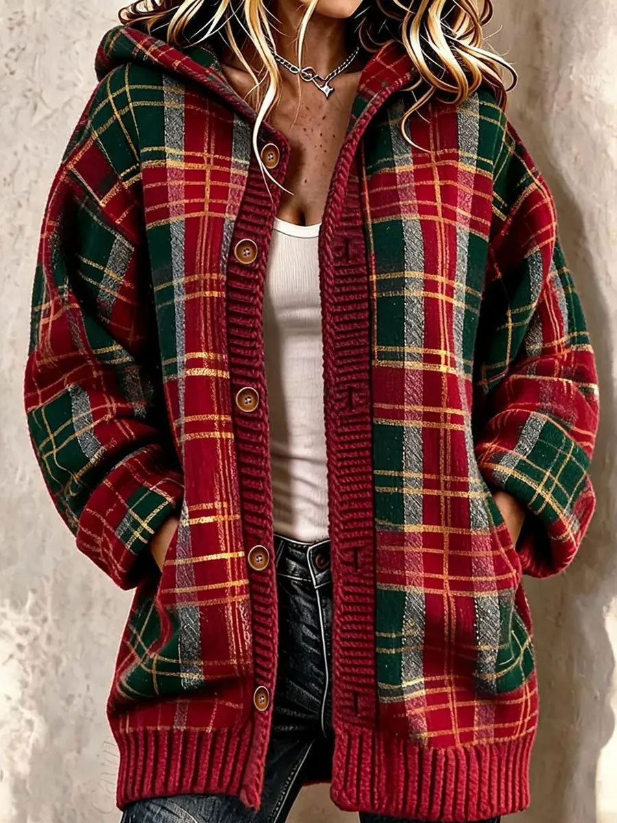 Women's Christmas Checkered Pattern Composite Fleece Long Coat