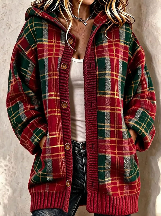 Women's Christmas Checkered Pattern Composite Fleece Long Coat