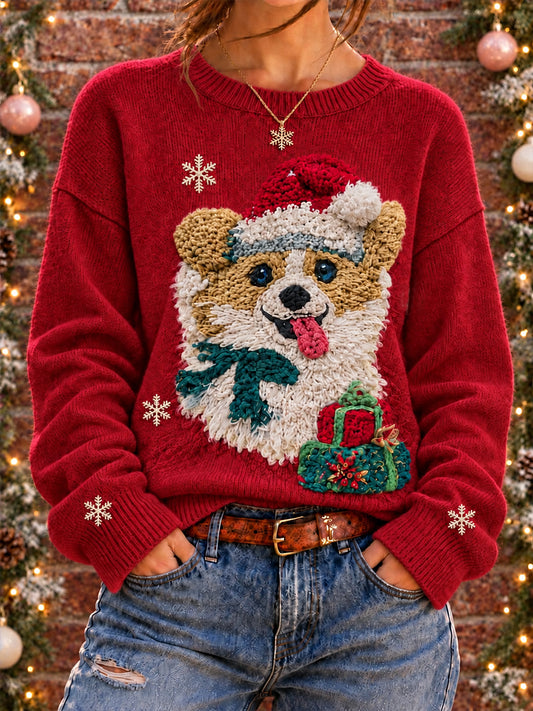 Women's Cute Christmas Dog Art Printed Sweater