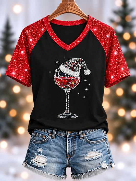 Women's Red Wine Glass Christmas Hat Print Casual V-Neck Tee