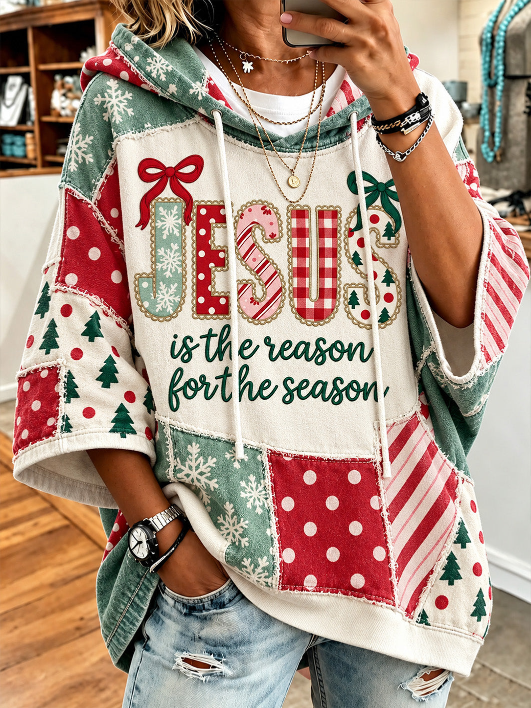Women's Christmas Color Block Patchwork Design Jesus Is The Reason For The Season Pattern Casual Hoodie