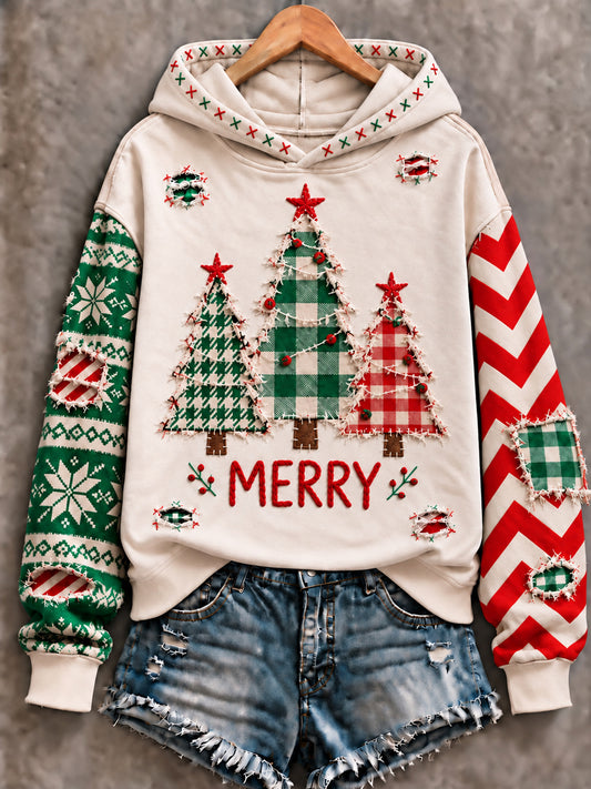 Women's Vintage Christmas Tree Art Printed Hoodie
