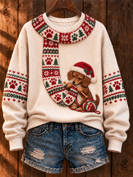 Women's Christmas 'Dachshund Knitting a Scarf' Printed Casual Sweater