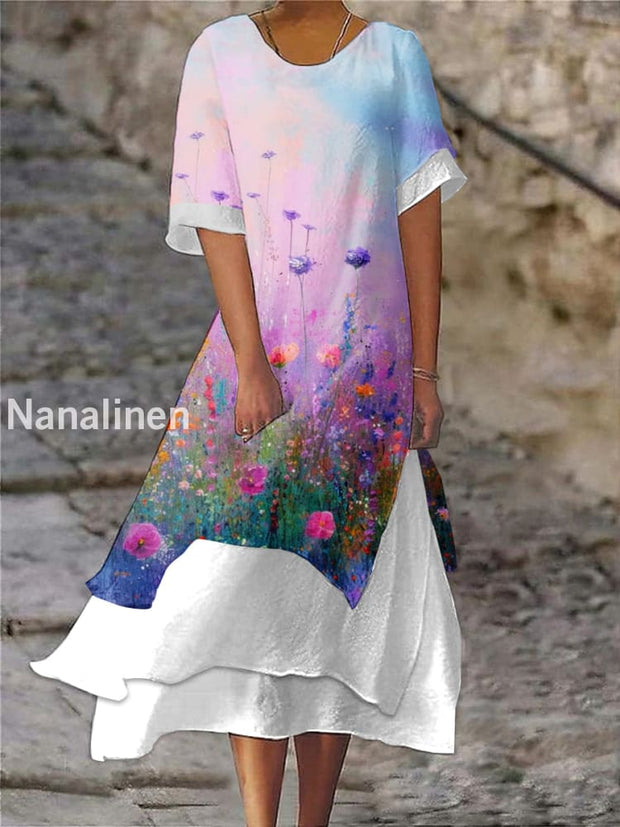 Stylish Modern Floral Art Print Casual Dress As picture / S