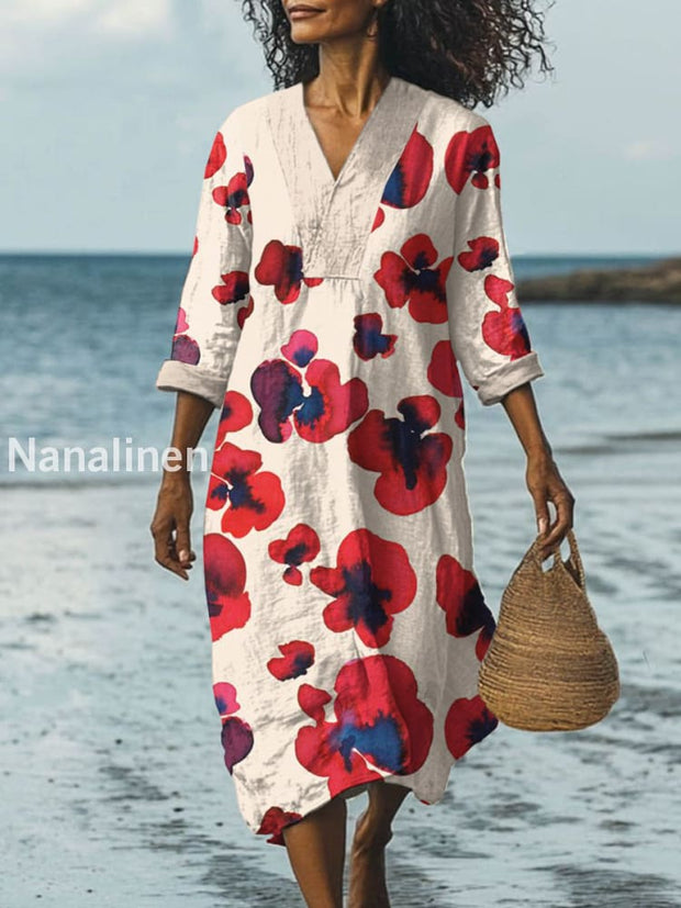 Stylish Modern Floral Art Print Casual Wide Brim V-Neck Dress As picture / S