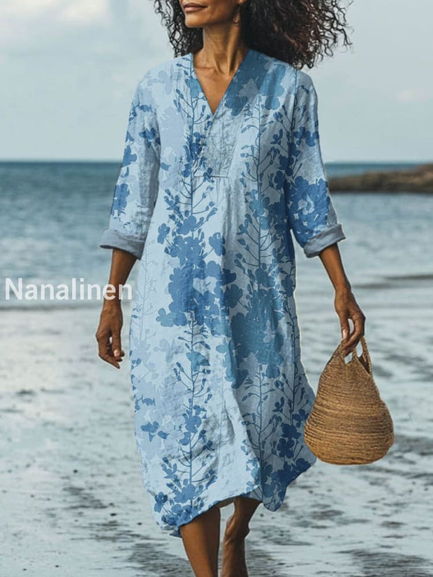 Stylish Modern Floral Print Casual Wide Brim V-Neck Dress As picture / S