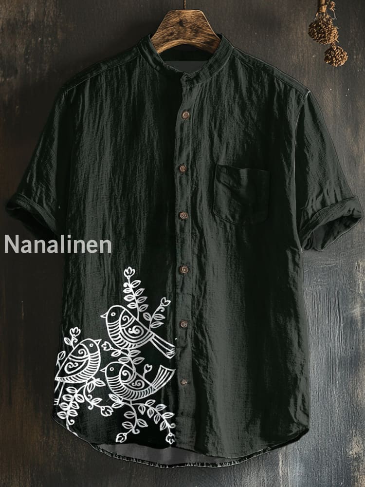 Unisex Boho Style Birds Print Cotton Casual Short Sleeve Shirt Colorful / S