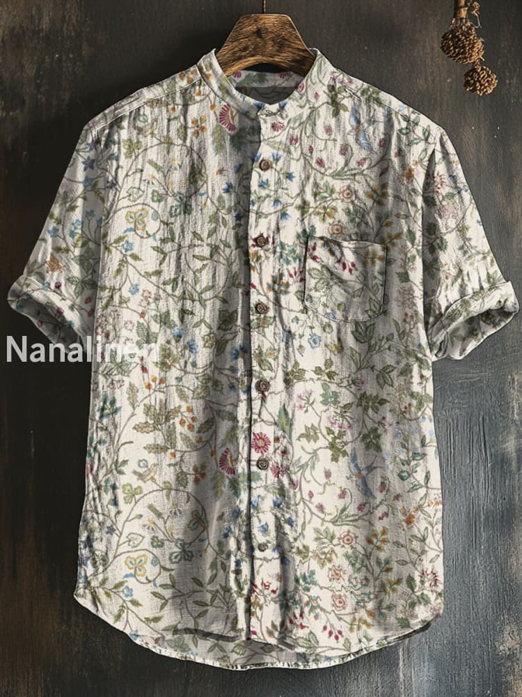 Unisex Boho Style Floral Print Cotton Casual Short Sleeve Shirt Colorful / S