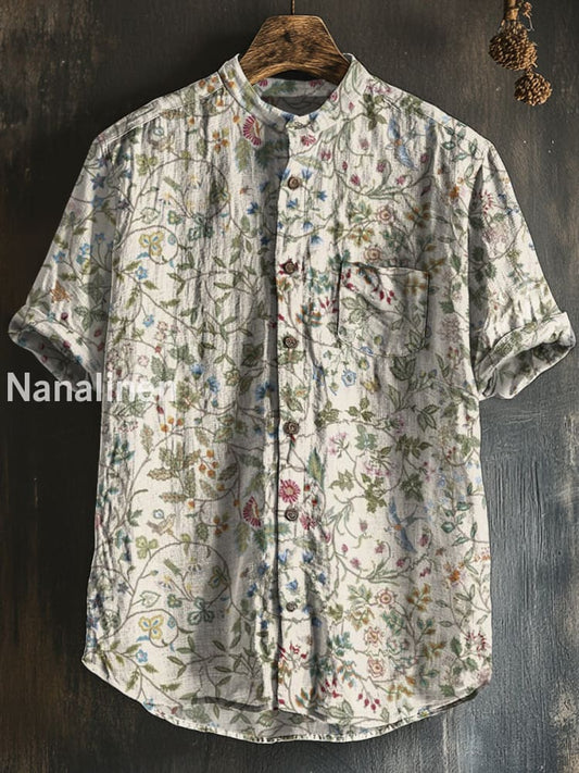 Unisex Boho Style Floral Print Cotton Casual Short Sleeve Shirt Colorful / S