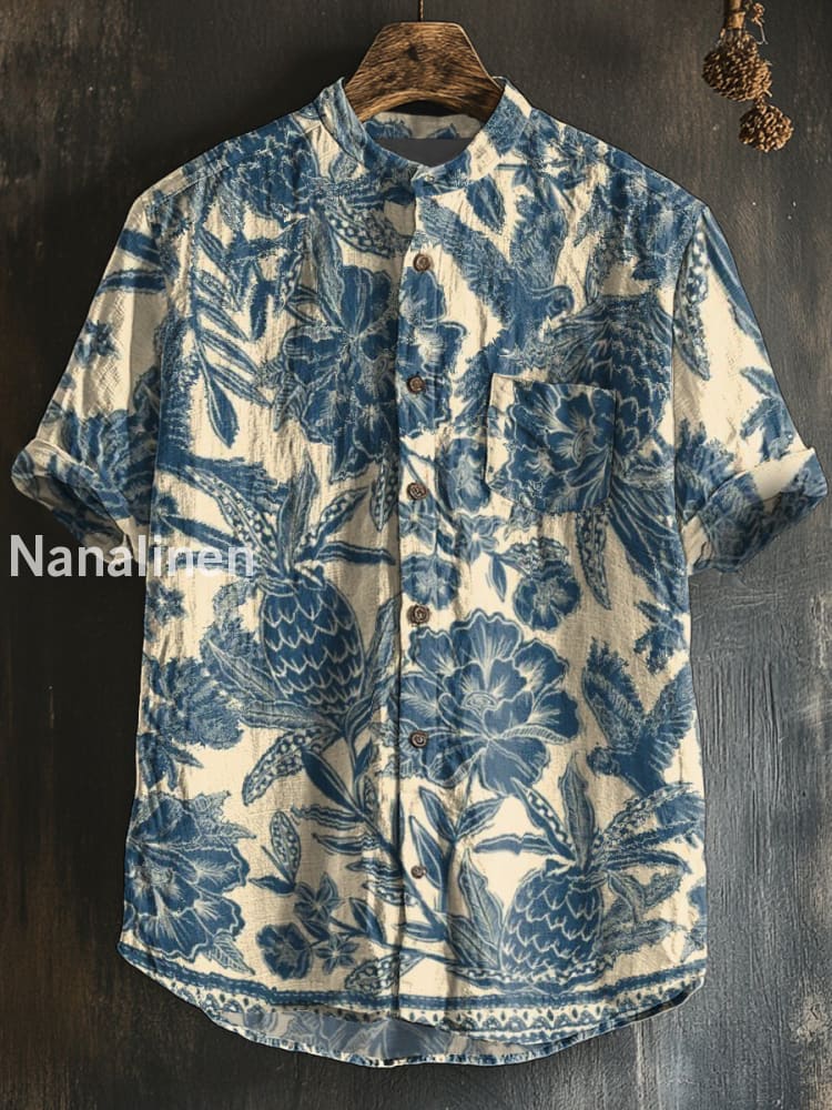 Unisex Boho Style Floral Print Cotton Casual Short Sleeve Shirt Colorful / S