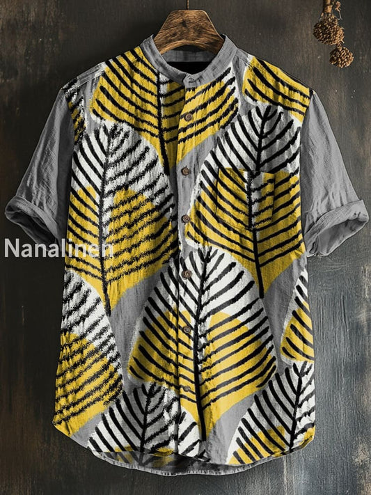 Unisex Boho Style Leaves Print Cotton Casual Short Sleeve Shirt Colorful / S