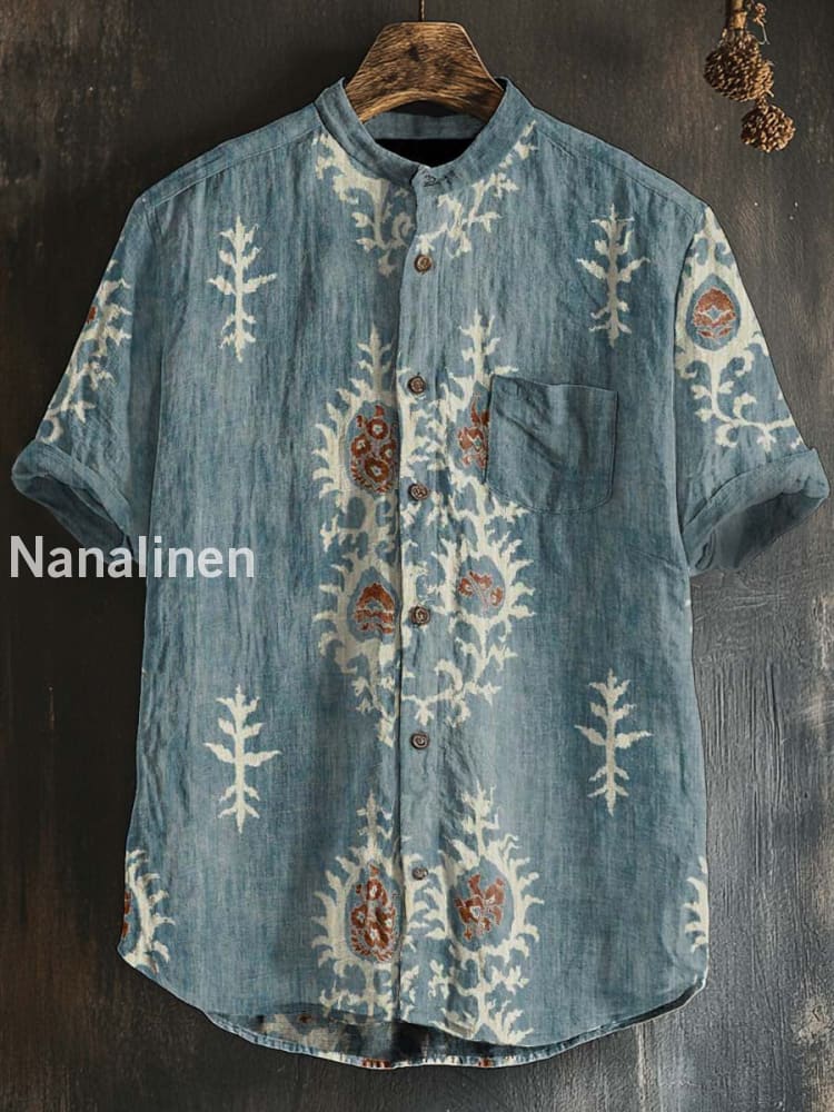 Unisex Boho Style Pattern Print Cotton Casual Short Sleeve Shirt Colorful / S