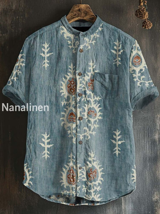 Unisex Boho Style Pattern Print Cotton Casual Short Sleeve Shirt Colorful / S