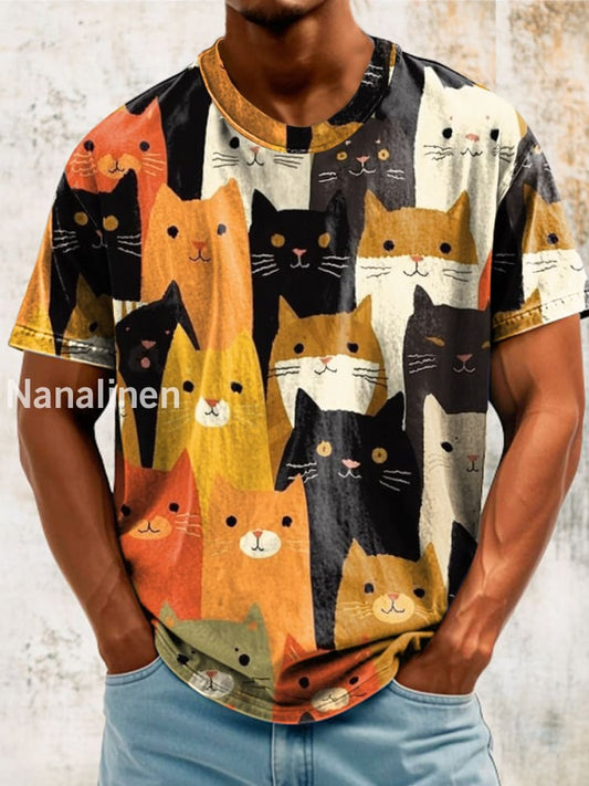 Unisex Cartoon Cats Painting Abstract Print Design T-Shirt Colorful / S