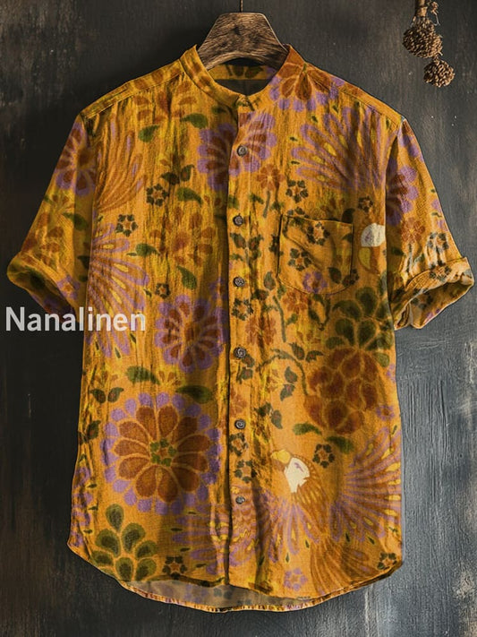 Unisex Hippie Style Floral Print Cotton Casual Short Sleeve Shirt Colorful / S