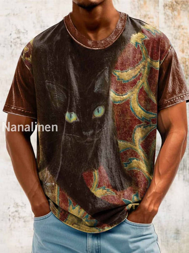 Unisex Mysterious Cat Painting Abstract Print Design T-Shirt Colorful / S