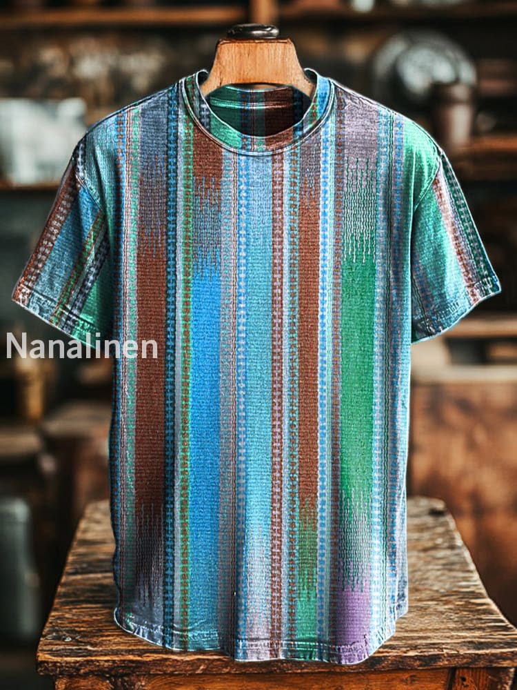 Unisex Retro Abstract Colorful Stripe Printed Casual Loose Short Sleeve T-Shirt Aqua Blue / S