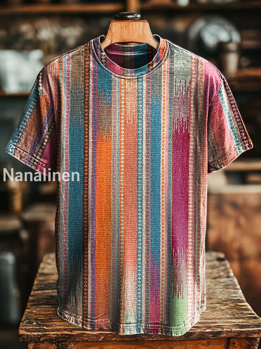 Unisex Retro Abstract Colorful Stripe Printed Casual Loose Short Sleeve T-Shirt Rose Red / S