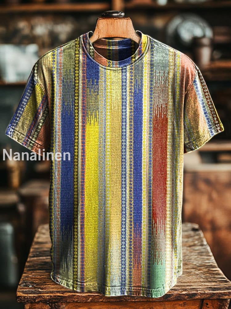 Unisex Retro Abstract Colorful Stripe Printed Casual Loose Short Sleeve T-Shirt Yellow / S