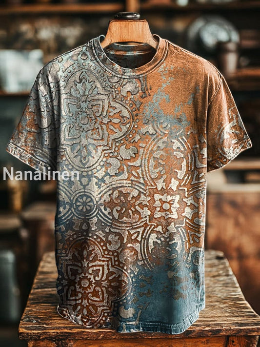 Unisex Retro Abstract Floral Old Print Casual Loose Short Sleeve T-Shirt Colorful / S