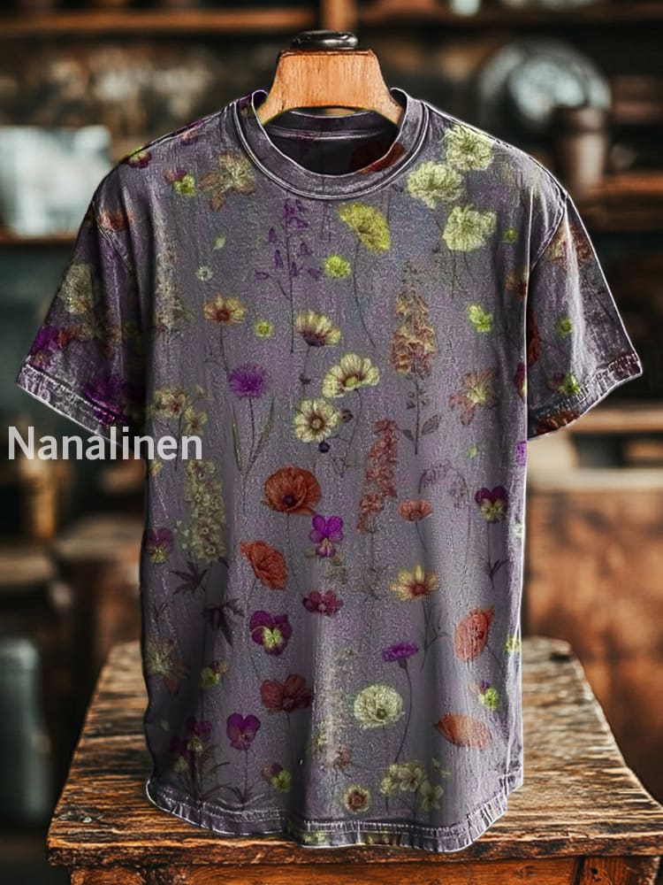 Unisex Retro Abstract Floral Print Casual Loose Short Sleeve T-Shirt Beige / S
