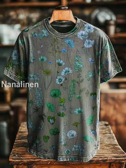 Unisex Retro Abstract Floral Print Casual Loose Short Sleeve T-Shirt Light Green / S