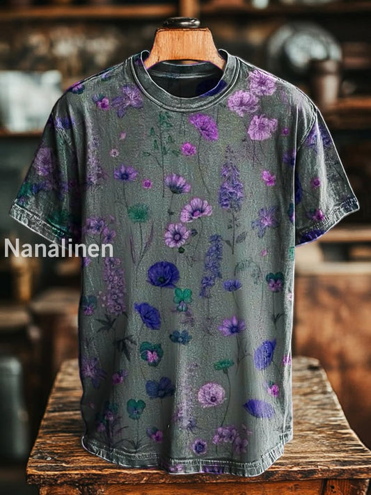 Unisex Retro Abstract Floral Print Casual Loose Short Sleeve T-Shirt Pink-Purple / S