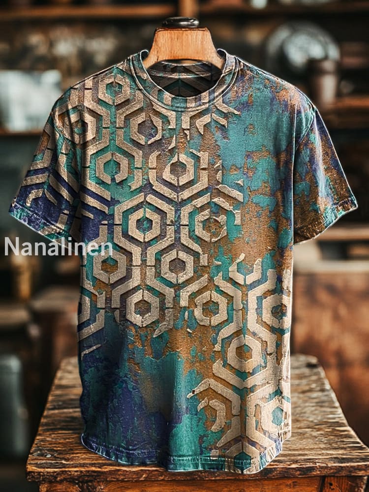 Unisex Retro Abstract Geometric Old Printed Casual Loose Short Sleeve T-Shirt Colorful / S