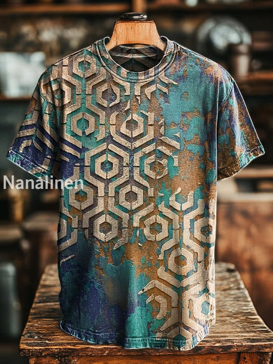 Unisex Retro Abstract Geometric Old Printed Casual Loose Short Sleeve T-Shirt Colorful / S
