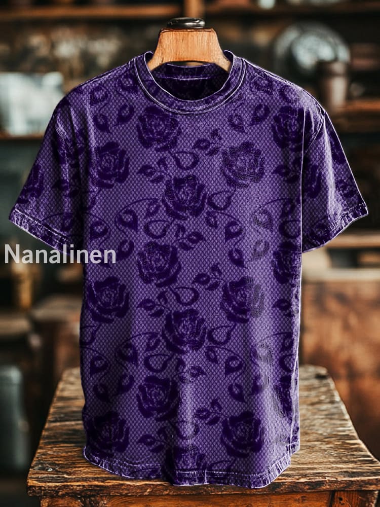 Unisex Retro Abstract Rose Print Casual Loose Short Sleeve T-Shirt Colorful / S