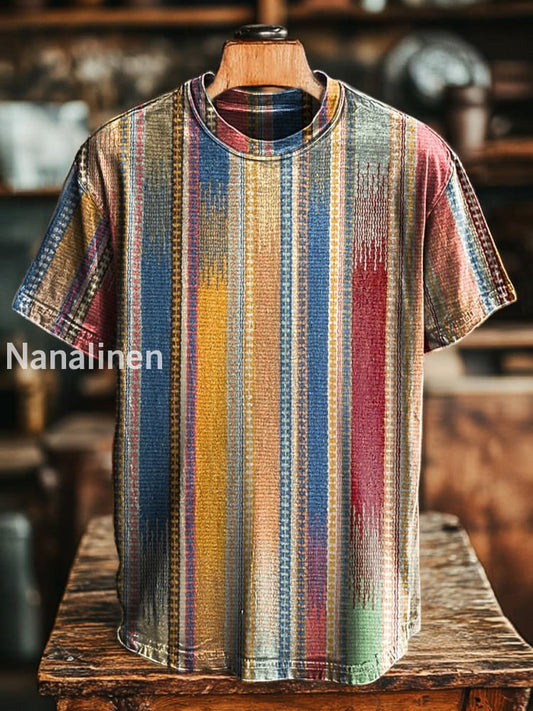 Unisex Retro Abstract Stripe Print Casual Loose Short Sleeve T-Shirt Colorful / S