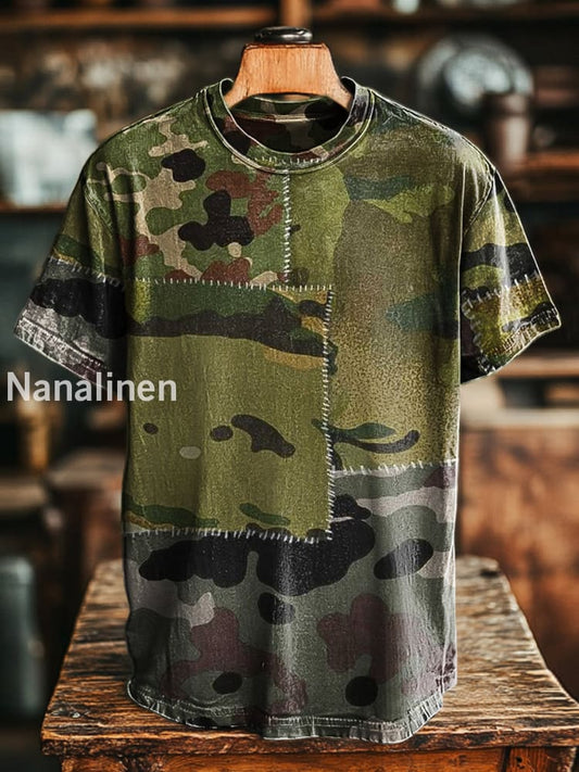 Unisex Retro Camouflage Splicing Printed Casual Loose Short Sleeve T-Shirt Colorful / S