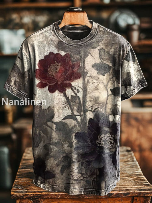 Unisex Retro Dark Ink Floral Print Casual Loose Short Sleeve T-Shirt Colorful / S