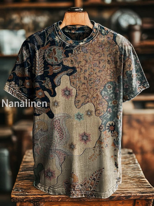 Unisex Retro Ethnic Floral Print Casual Loose Short Sleeve T-Shirt Colorful / S