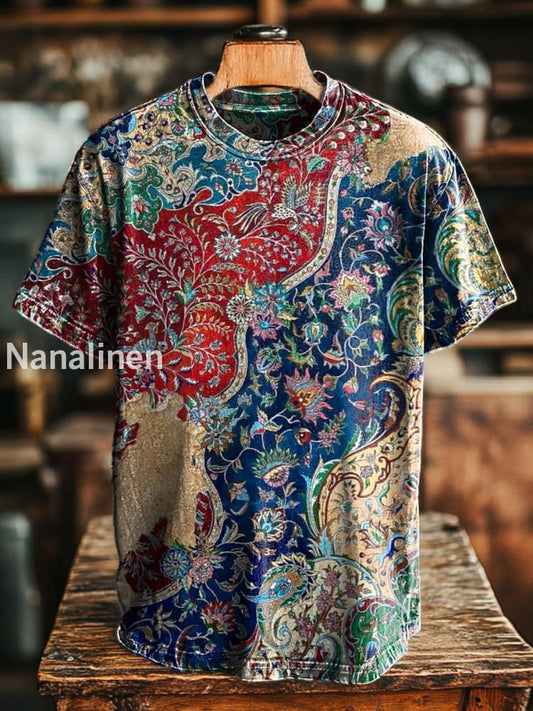 Unisex Retro Floral Splicing Printed Casual Loose Short Sleeve T-Shirt Colorful / S