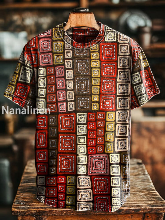 Unisex Retro Geometric Line Print Casual Loose Short Sleeve T-Shirt Colorful / S