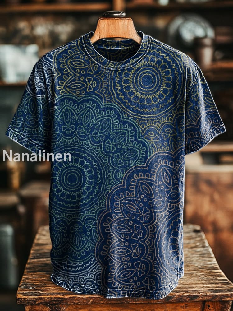 Unisex Retro Mandala Pattern Printed Casual Loose Short Sleeve T-shirt Colorful / S
