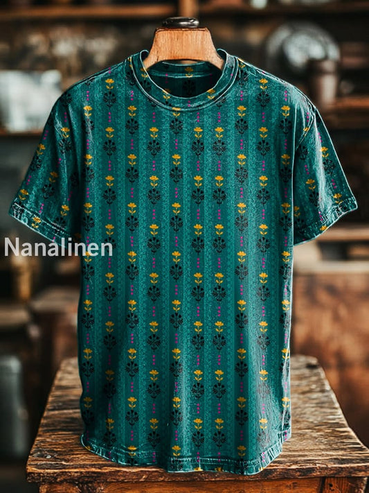Unisex Retro Striped Floral Print Casual Loose Short Sleeve T-Shirt Colorful / S
