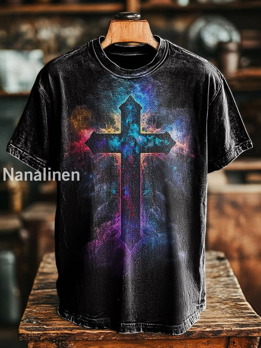 Unisex Retro Swoosh Cross Print Casual Loose Short Sleeve T-Shirt Colorful / S