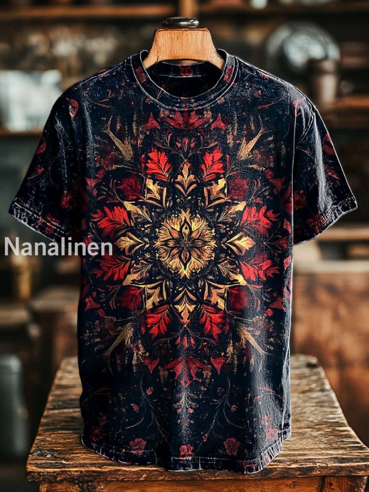 Unisex Retro Totem Floral Print Casual Loose Short Sleeve T-Shirt Colorful / S