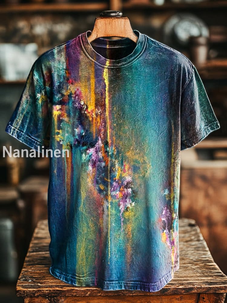 Unisex Vintage Abstract Acrylic Painting Print Casual Loose Short Sleeve T-Shirt Colorful / S