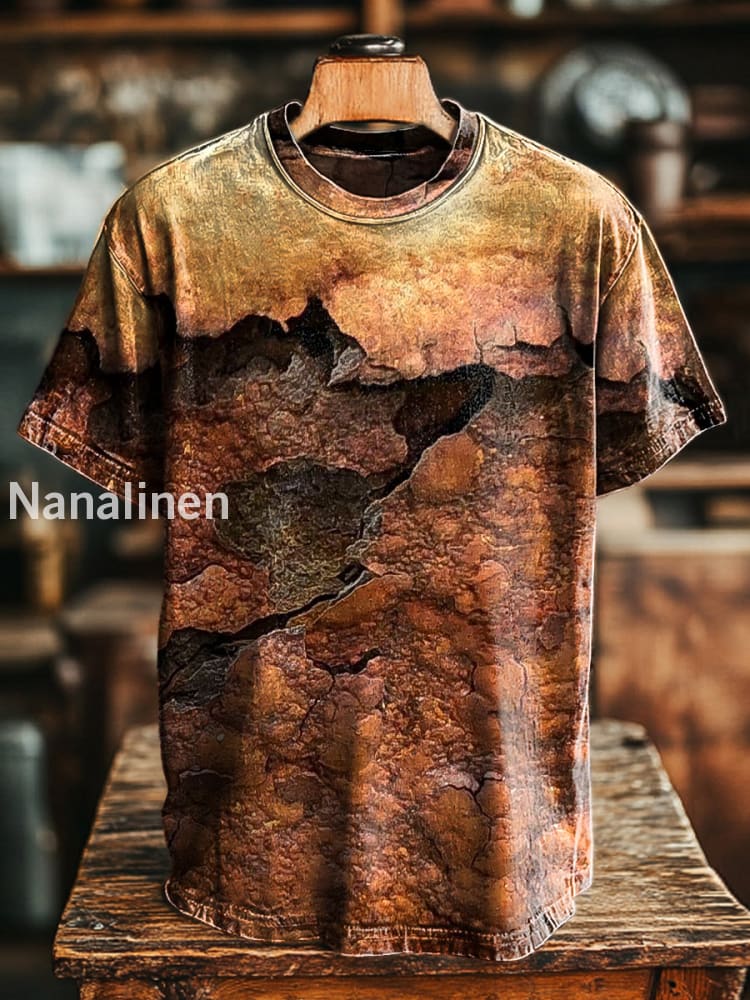 Unisex Vintage Aged Rust Crackle Printed Casual Loose T-Shirt Colorful / S