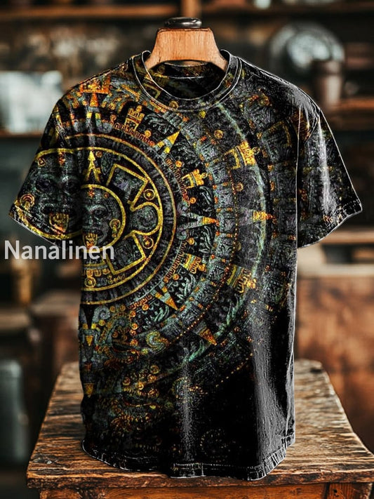 Unisex Vintage Compass Abstract Print Casual Loose Short Sleeve T-Shirt Colorful / S