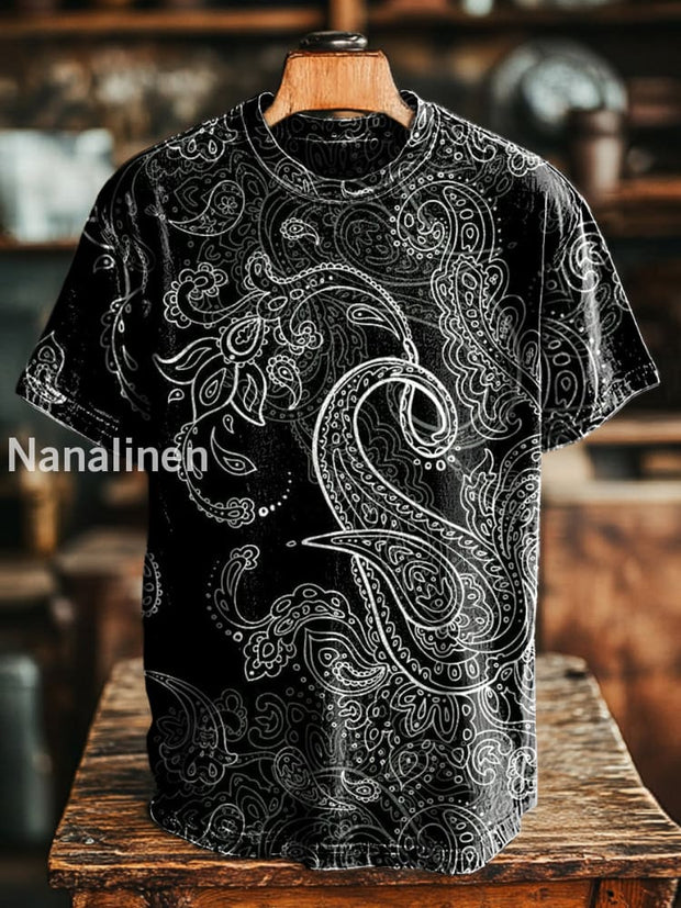 Unisex Vintage Paisley Line Print Casual Loose Short Sleeve T-Shirt Colorful / S